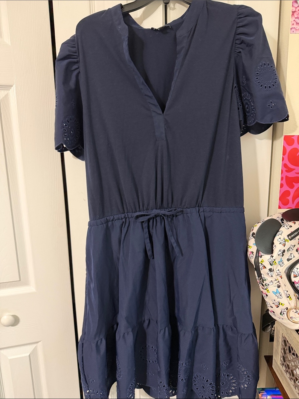 Navy Eyelet Tiered Drawstring Dress